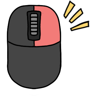 a grey computer mouse, with the right button light red, and three yellow action lines coming from the button.